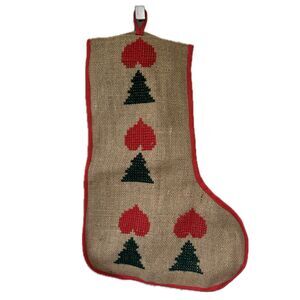 Vintage 70s Handmade Jute Burlap Cross-Stitching Christmas Tree Hearts Stocking